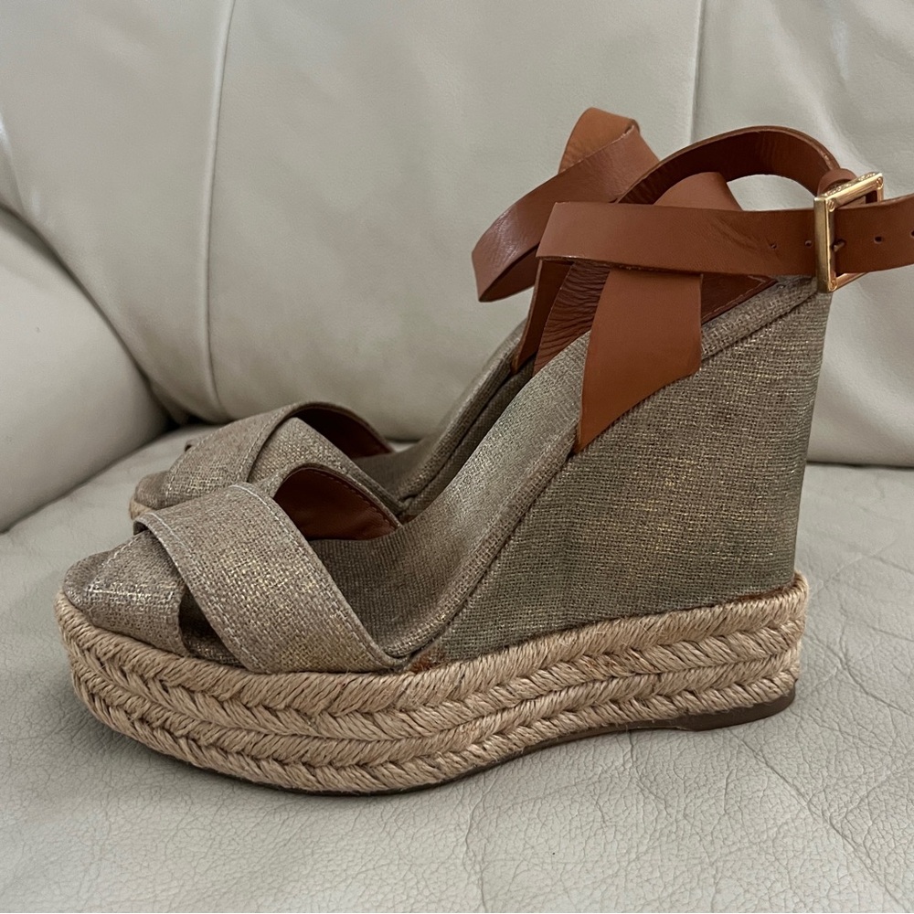 Tory Burch Tan Leather & Natural Espadrille Wedge Sandals